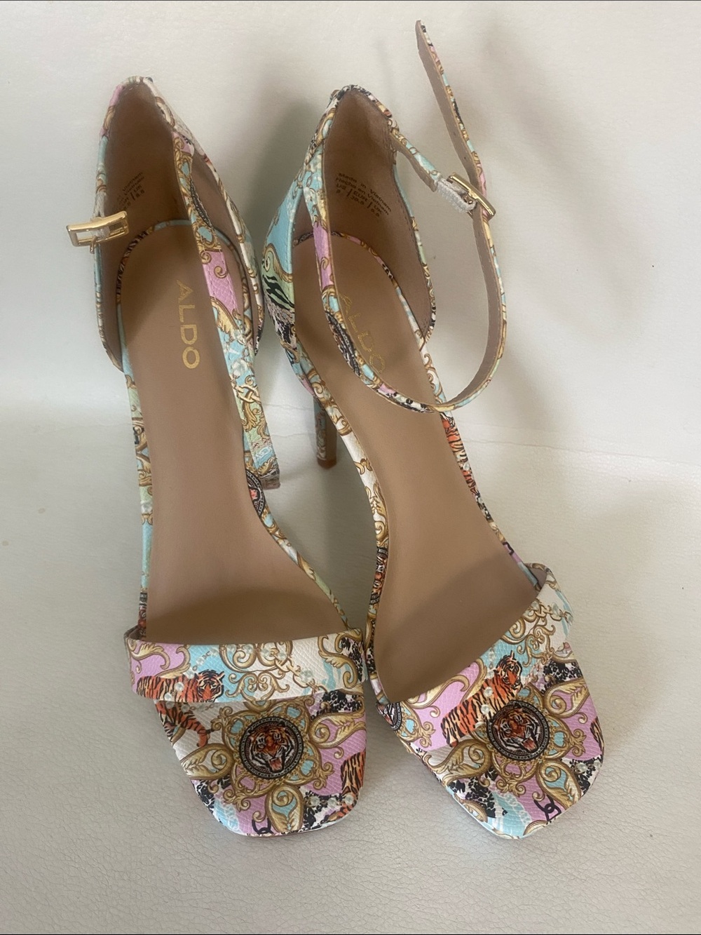 ALDO Pastel Paisley Ankle-Strap Heels in Pink, Blue, Cream